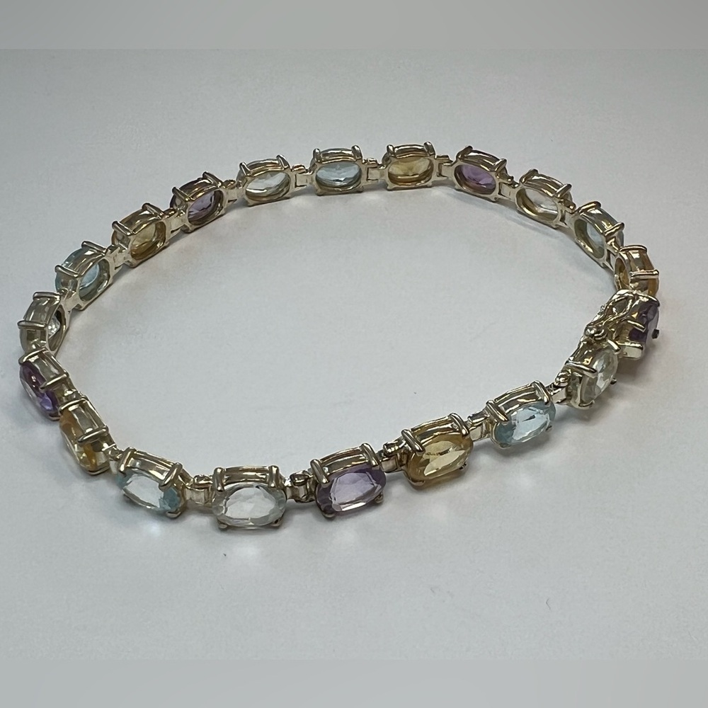 Vintage Multi-Gemstone Sterling Silver Tennis Bracelet Topaz Amethyst